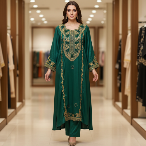 Dark Green Luxury Gold Embroidered Women’s Dress