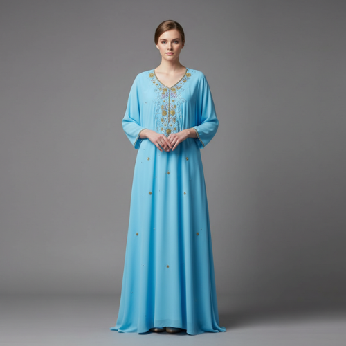 Sky Blue Embroidered Formal Dress worn by a woman at an elegant formal event