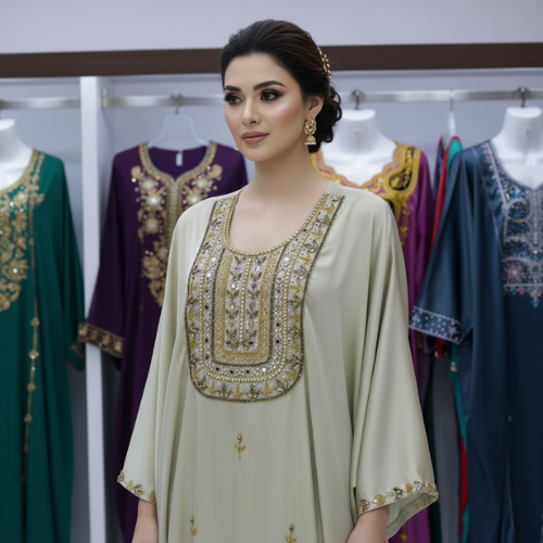 Cream Gold Embellished Kaftan – Elegant Formal Wear