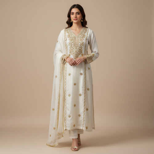 Golden Luxury Embroidered Farasha Dress – Elegant Party Wear
