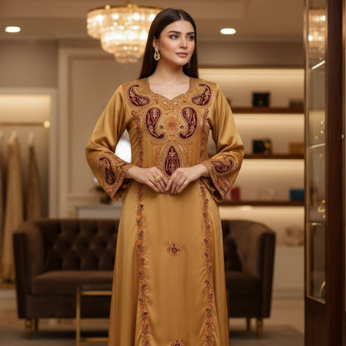 Golden Luxury Embroidered Farasha Dress – Elegant Party Wear