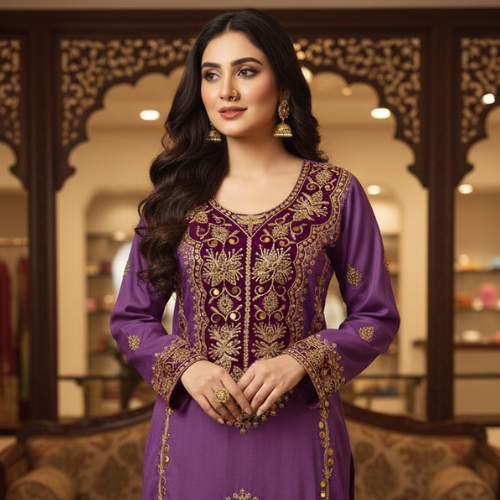 Purple Heavy Embroidered Farasha Dress