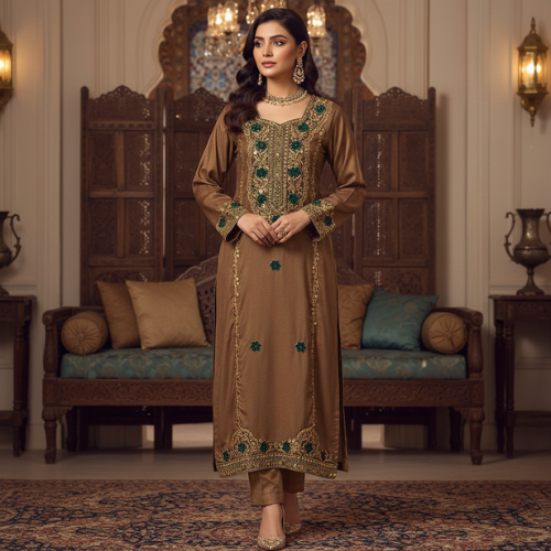 Dark Green Luxury Gold Embroidered Women’s Dress