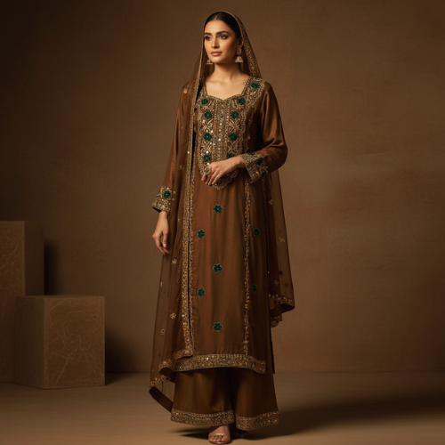 Dark Green Luxury Gold Embroidered Women’s Dress
