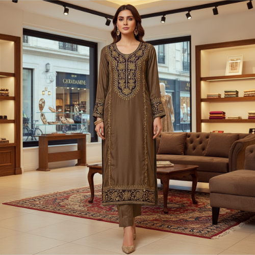 Sea Green Black & Gold Embroidered Women’s Dress