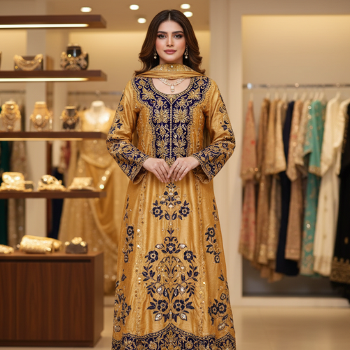 Sea Green Black & Gold Embroidered Women’s Dress