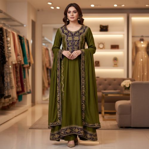 Sea Green Black & Gold Embroidered Women’s Dress