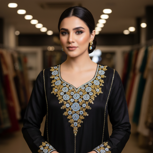 White Formal Dress with Blue & Gold Floral Hand Embroidery