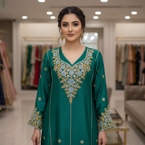 White Formal Dress with Blue & Gold Floral Hand Embroidery