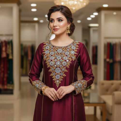 White Formal Dress with Blue & Gold Floral Hand Embroidery