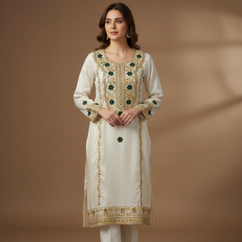 Dark Green Luxury Gold Embroidered Women’s Dress