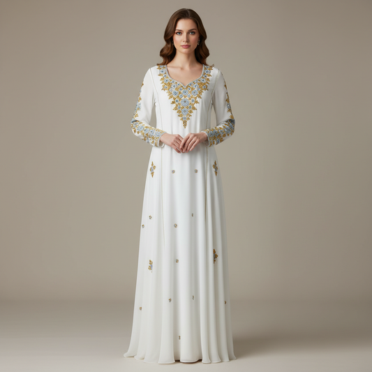White Formal Dress with Blue & Gold Floral Hand Embroidery